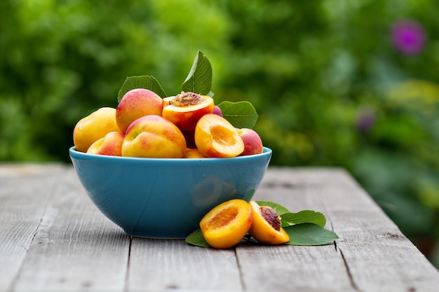 Free photo fresh peaches in blue bowl