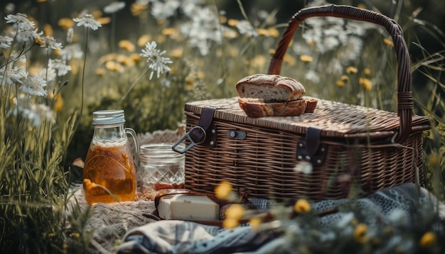 Fresh picked fruit in a wicker basket generated by AI