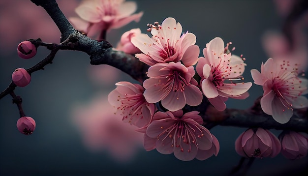 AIによって生成された新芽の桜の木を鮮やかなピンク色の花が飾ります