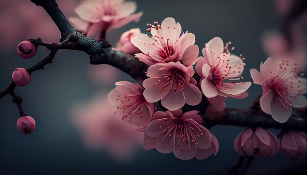AI가 생성한 신진 벚꽃 나무를 장식하는 신선한 분홍색 꽃
