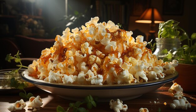 Fresh popcorn a movie snack on a wooden table generated by artificial intelligence