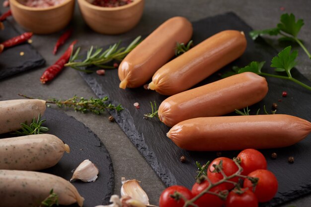 Fresh raw sausages and ingredients for cooking. Classic boiled meat pork sausages on chopping board with pepper, rosemary, herbs and spices.