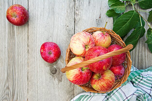 여름 정원에서 테이블에 바구니에 신선한 빨간 사과. 평면도