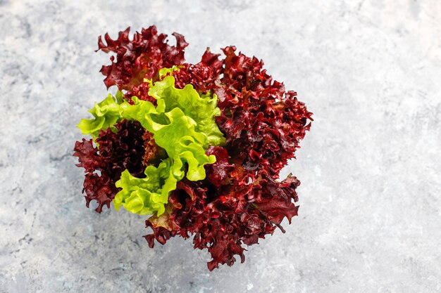 Fresh red lettuce on grey concrete table, top view