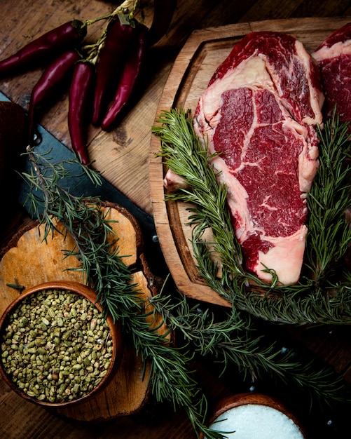 Fresh rib eye steak on the table