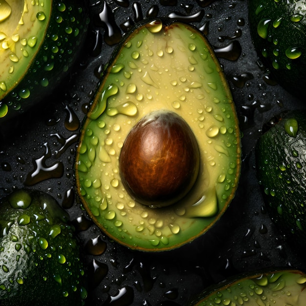 Foto gratuita avocado fresco maturo con gocce d'acqua su sfondo nero vista dall'alto