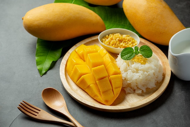 Fresh ripe mango and sticky rice with coconut milk on dark surface