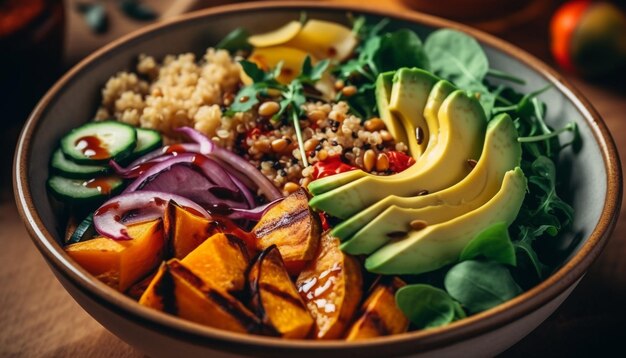 Fresh salad bowl with healthy vegetables and avocado generated by AI