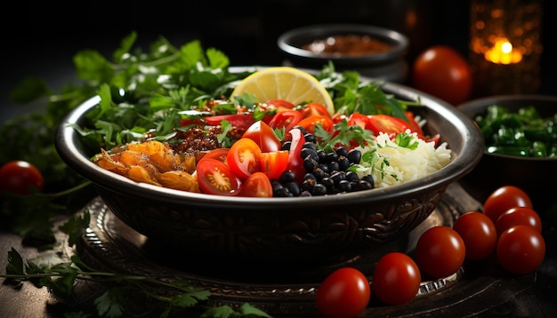 Fresh salad bowl with healthy vegetables gourmet lunch on wooden table generated by artificial intelligence