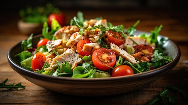 Fresh salad with chicken tomatoes and mixed greens AI generated image