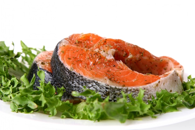 Fresh salmon garnish with salad