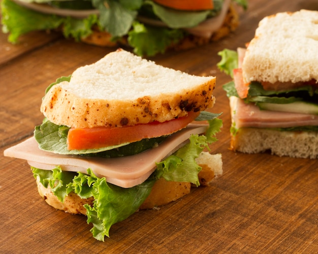 Fresh sandwich with salami and vegetables