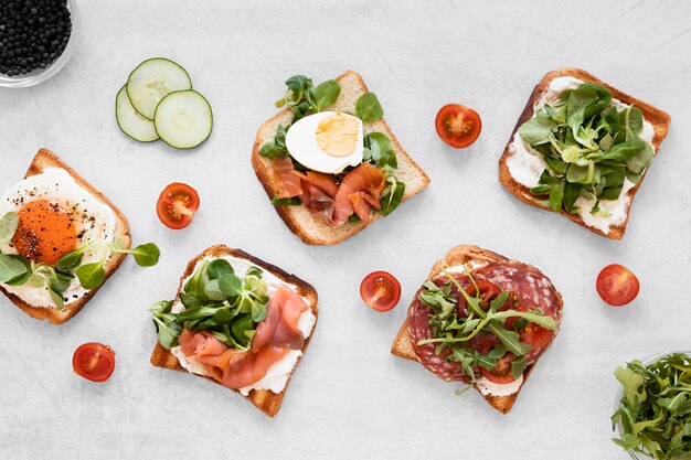 Fresh sandwiches assortment on white background