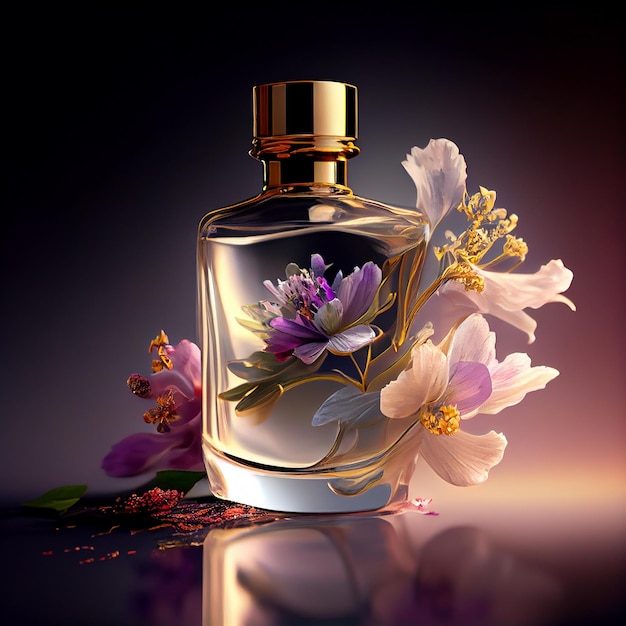 fresh scent of purple flower in glass bottle generative ai