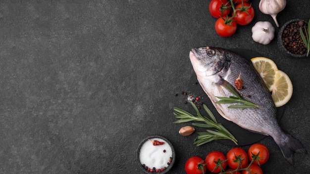 Fresh sea bream fish flat lay copy space