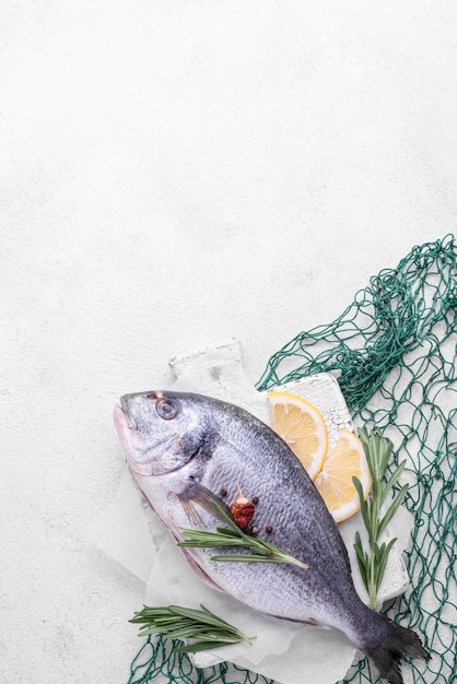 Free photo fresh sea bream fish and green fish net