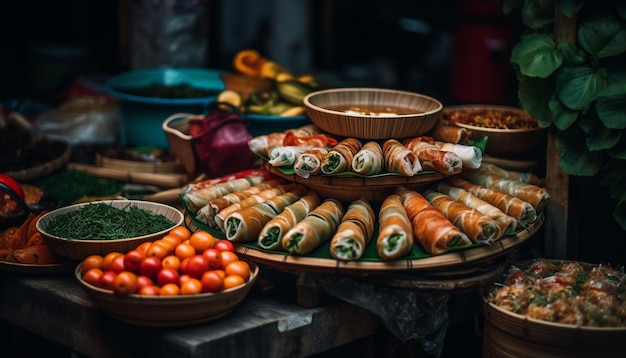 無料写真 ai が生成した健康的な食事のための木製ボウルでの新鮮な魚介類と野菜の食事