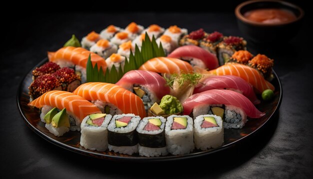 Свежая еда из морепродуктов на тарелке Японская культура, созданная AI