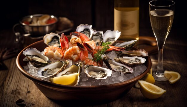 Fresh seafood meal on rustic wood plate generated by AI