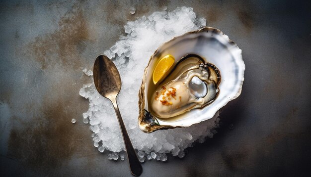 Fresh seafood meal on wooden plate ready to eat generated by AI