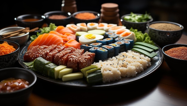 Foto gratuita piatto di pesce fresco variazione di sushi alimentazione sana collezione di cultura giapponese generata dall'intelligenza artificiale