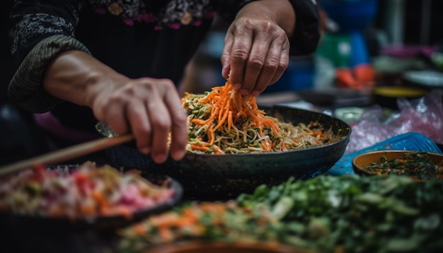 Foto gratuita insalata di pesce fresco fatta in casa con verdure biologiche servite all'aperto generata da ai