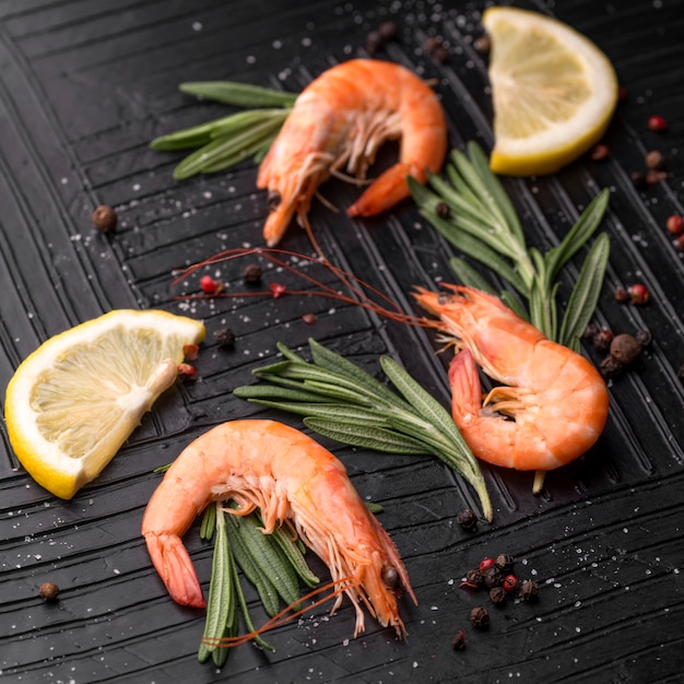 Fresh seafood shrimp with herbs and lemon