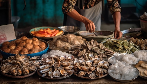 Foto gratuita variazioni di pesce fresco vendute dai venditori del mercato per un'alimentazione sana generate dall'intelligenza artificiale