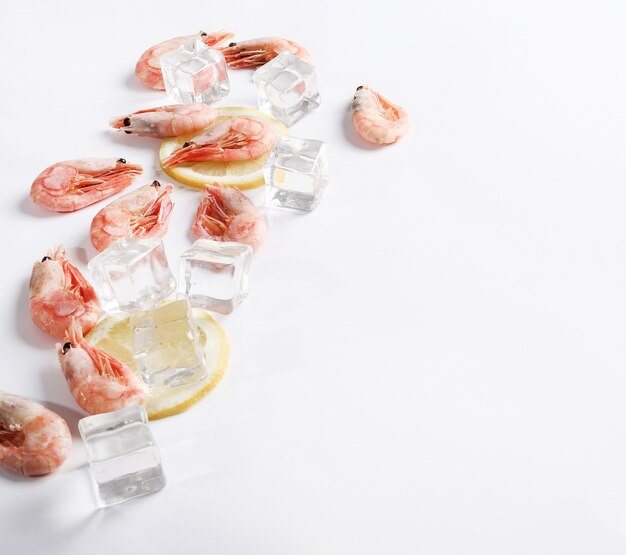 fresh shrimps with ice and lemon