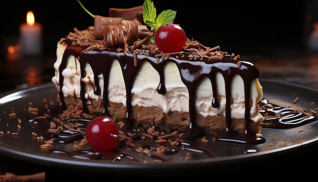 Foto gratuita una fresca fetta di torta al cioccolato fatta in casa con panna montata generata dall'intelligenza artificiale