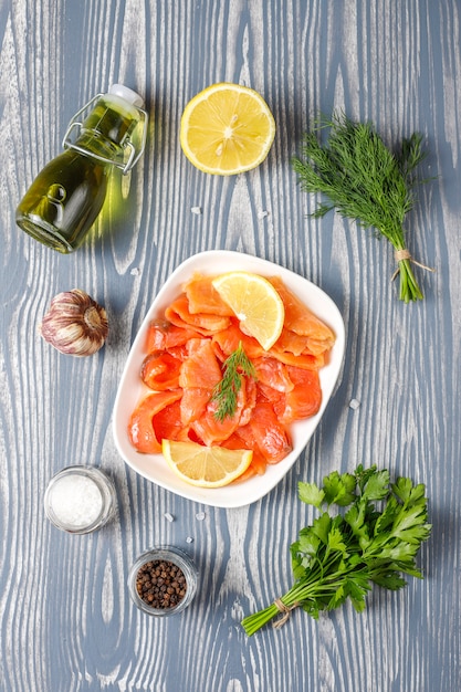 Fresh smoked salmon slices.