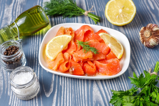 Fresh smoked salmon slices.