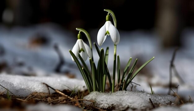 Fresh snowdrop blooms in a winter wonderland generated by AI