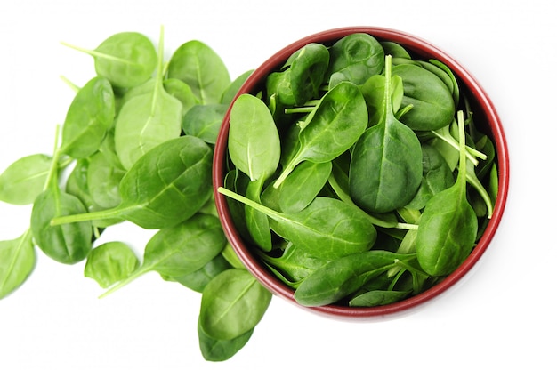 Fresh spinach leaves in bowl isolated