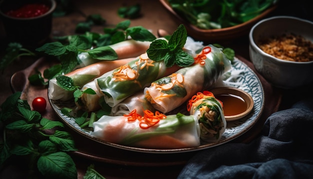 Free photo fresh spring roll appetizer with pork and vegetables savory sauce generated by ai