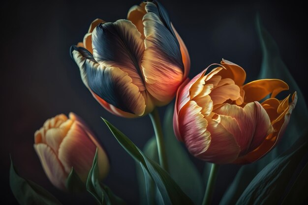 가로 꽃 포스터에 있는 신선한 봄 튤립 꽃 흐릿한 배경에 격리된 활기찬 색조의 빨간 튤립 꽃다발 녹색 잎이 있는 다채로운 봄 꽃 Generative AI