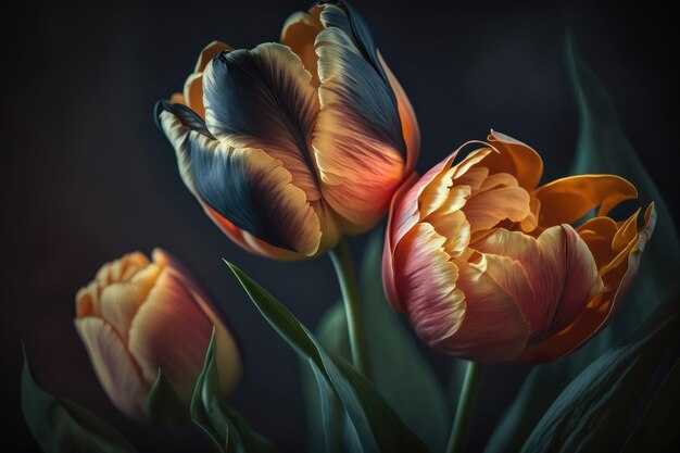 Fresh spring tulip flowers blossoms on horizontal floral poster Red tulips bouquet in vibrant tints isolated on blurry background Colorful springtime flowers with green leaf Generative AI