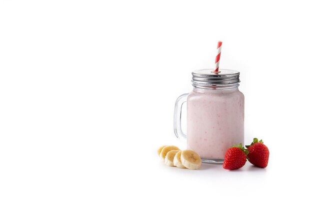 Fresh strawberry and banana smoothie in jar isolated on white background