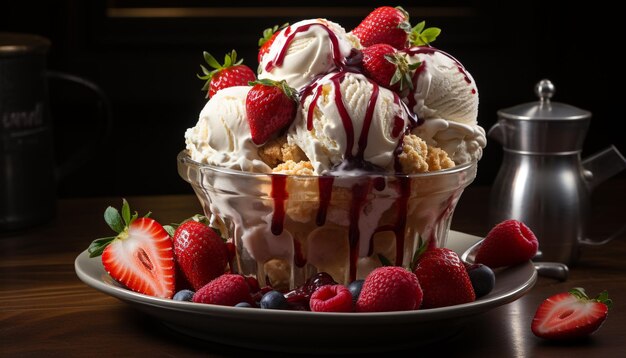 Свежий клубничный десерт, изысканное мороженое, полезная домашняя ягодная закуска, созданная искусственным интеллектом