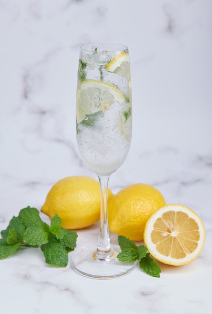 Fresh summer cocktail with lemons, mint and ice, selective focus image, Mojito in a glass cup, Fresh citrus lemonade with limes and lemons. Fresh and cool beverage for summer concept.