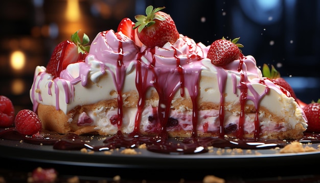 A fresh sweet strawberry dessert on a gourmet plate generated by artificial intelligence