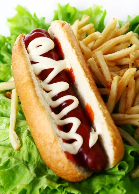 Foto gratuita hot dog fresco e saporito con le patate fritte