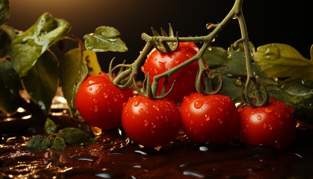 Foto gratuita pasto gourmet verde bagnato maturo organico sano della natura del pomodoro fresco generato dall'intelligenza artificiale