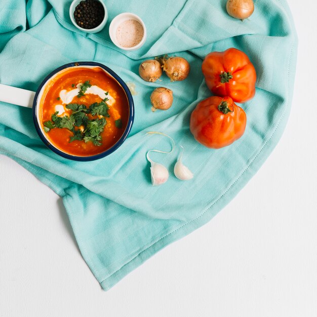 Fresh tomato soup in saucepan