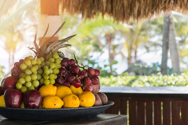 Fresh tropical fruits on tray