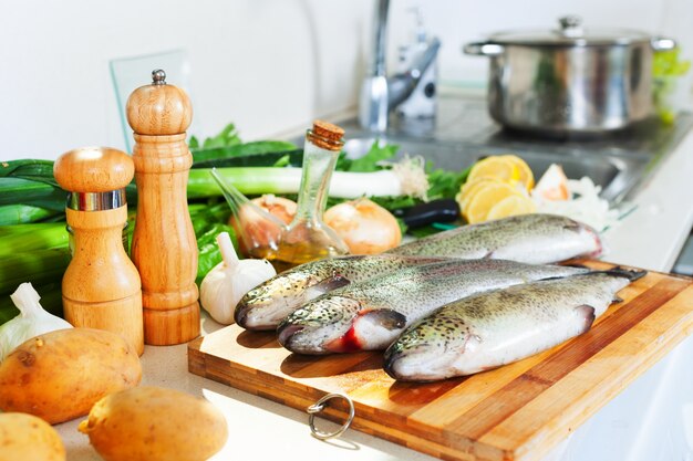 fresh trout  in kitchen