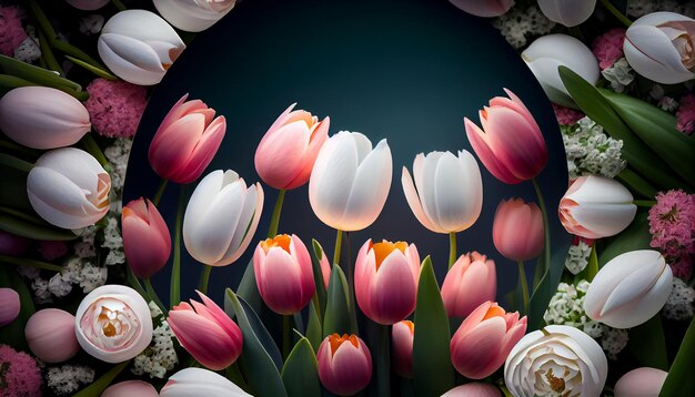 Свежие тюльпаны цветут на разноцветном лугу, созданном искусственным интеллектом