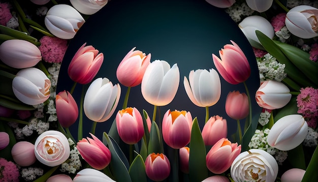 Fresh tulips blossom in multi colored meadow generated by AI