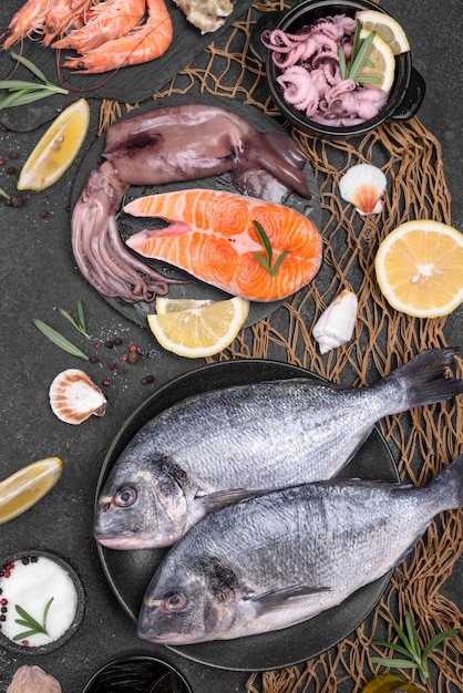 Бесплатное фото Свежие сырые морепродукты в различных тарелках