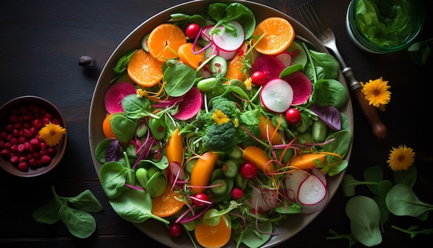 Бесплатное фото Салат из свежих овощей на деревянной тарелке изысканный обед, созданный ии